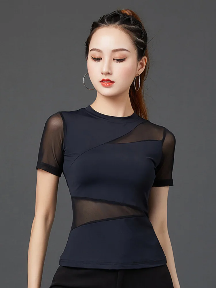 Ladies Dance Shirt Mesh Patchwork Slim Fit Clubwear Latin Cha Cha Performance Top Breathable Lightweight Stretch Material