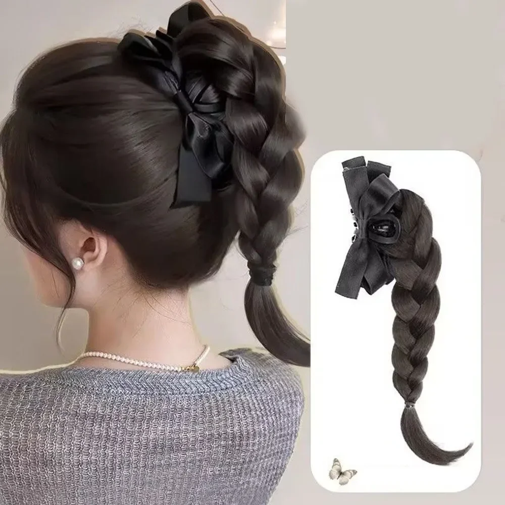 1PC Twist Braid Synthetic Wig Clip Bow High Ponytail Temperament Sweet Natural Simulation Back Head Braid Hair Clip Wig Bag