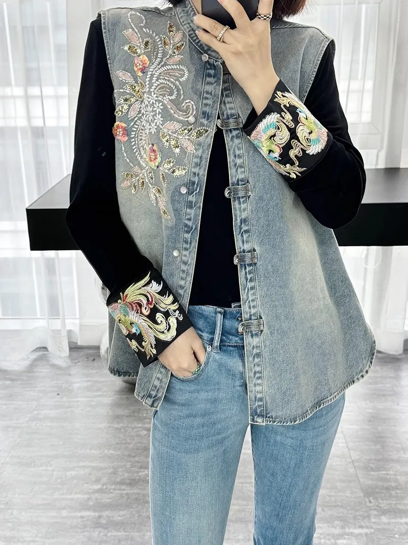 Denim Coats Women Vests Coat Round Neck Sleeveless Y2k Streetwear Jeans Jackets Work Casual Embroidery Splice Vest Jacket 2025