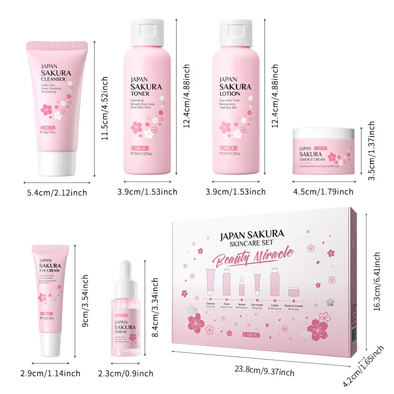 6 pçs/set Laikou Sakura Conjuntos de Cuidados com a Pele Limpador Facial Cremes para os Olhos Creme Facial Soro Loção Toner Hidratante Kit de