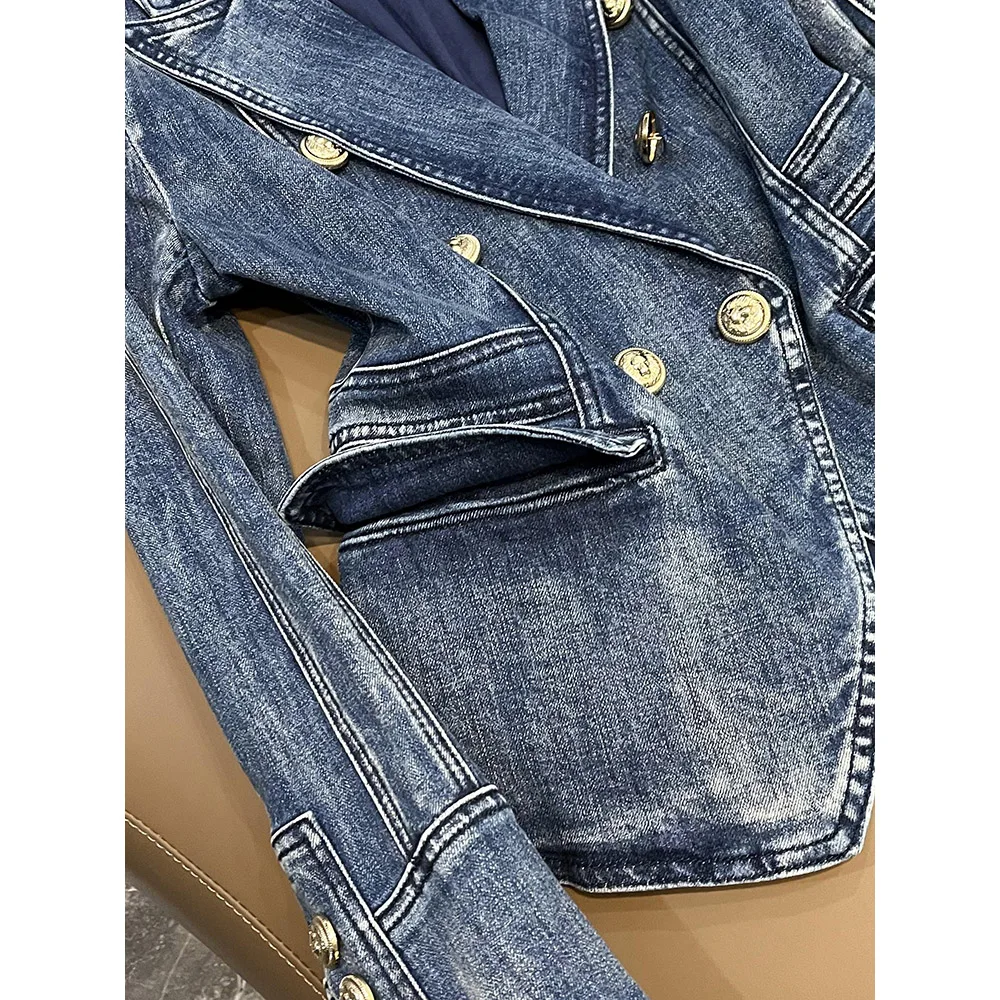 Cool Casual Fashion Double-breasted Full Sleeve Autumn Winter Women Slim Washed Denim Blazer