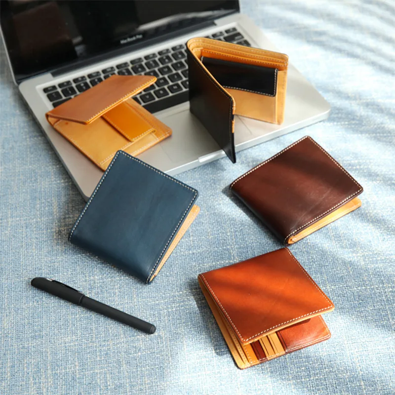 2026-new-handmade-short-wallet-genuine-leather-men's-bifold-wallet-plant-tanned-leather-cotton-geometric-pattern