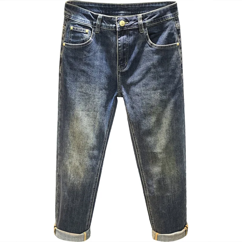 جينز رجالي راقي جديد لعام 2025 أزرق صغير مستقيم الساق غير رسمي فاخر الاتجاه بقصة ضيقة سروال طويل مرن مغسول