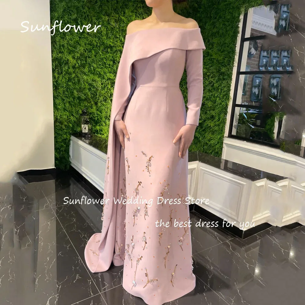 Sunflower Baby Pink Off The Shoulder Mermaid Formal Evening Dress Saudi Arabia 2024 Slim Beading Crepe Floor-Length Prom Dress