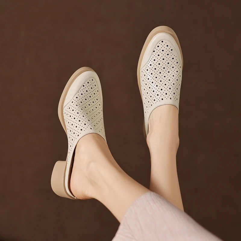 

Women's new summer leather sheepskin high-heeled round toe hollow breathable toe hole Mueller shoes fashion slippers