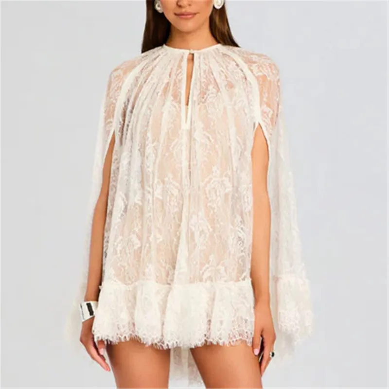 

Women's Y2K Coquette Lace Cape Mini Dress Sheer Ruffle Hem Keyhole Neck Bridal Cover Up Elegant Evening Party Dress
