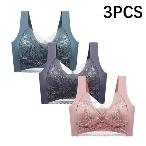 FallSweet 3PCS Lace Seamless Bra for Women Push Up Bra Ice Silk Bras No Steel Ring Bralette Brassiere Female Lingerie Underwear
