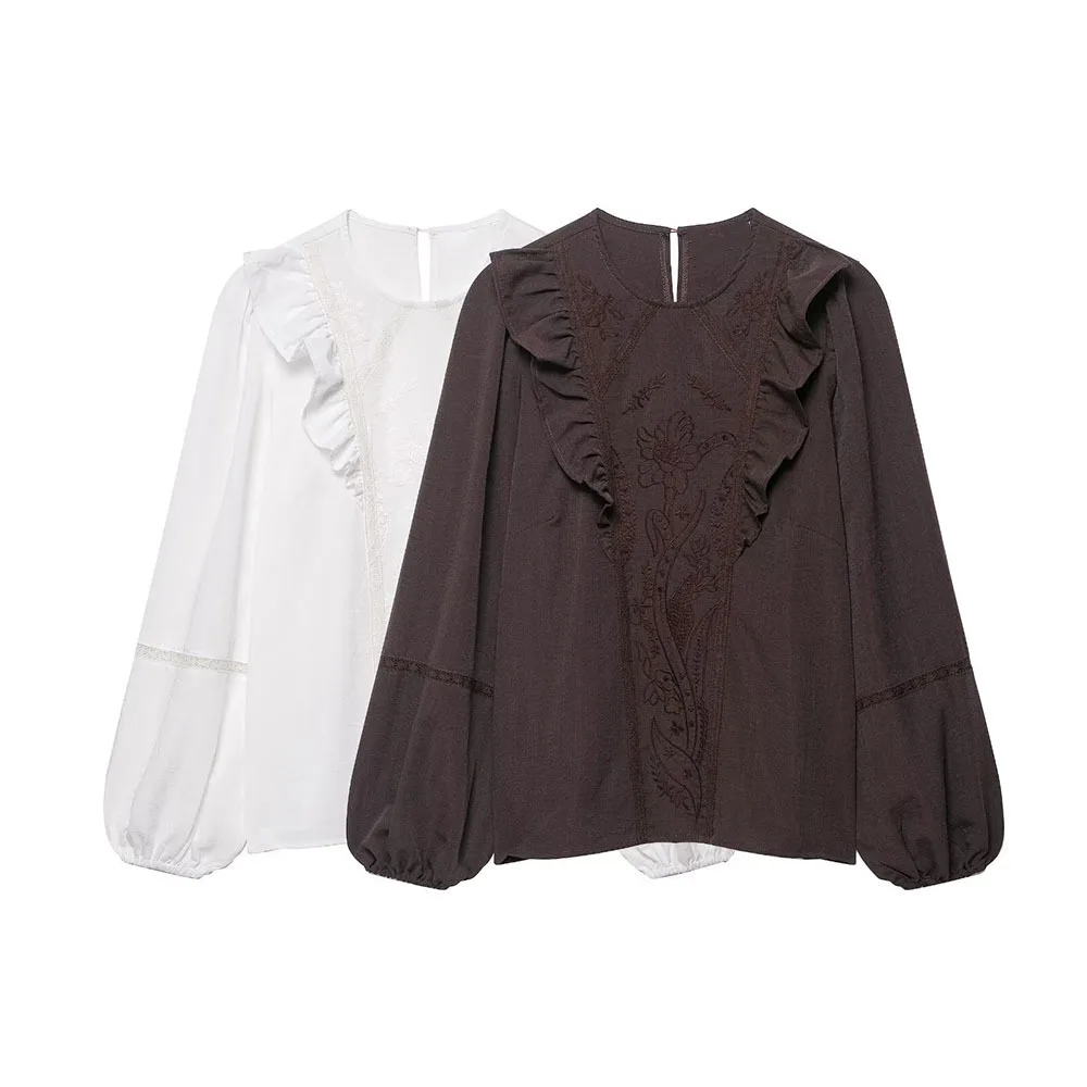 

Женская одежда, осень 2021, новинка, элегантная рубашка в литературном стиле с цветочной вышивкой и круглым вырезом