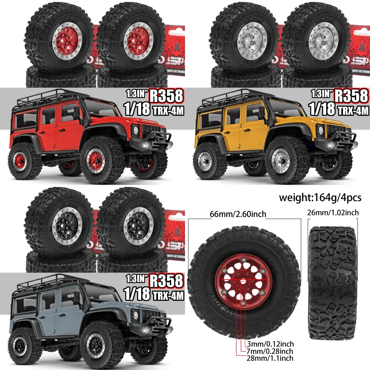 Produced by RS Red Spider: 1/18 TRX-4M, SCX24 1.3mm Metal Oval Wheel Rims + Rock Crawler Tire Casings R358