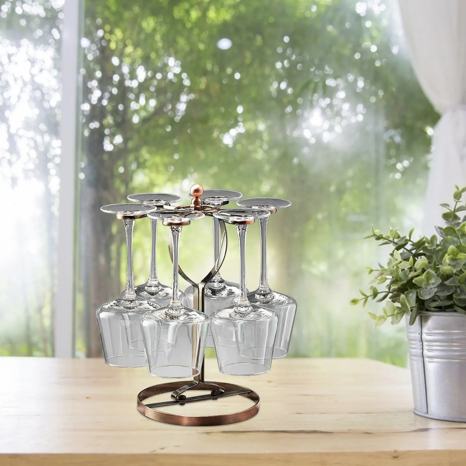 Wine Glass Hanging Rack Iron Wine Cup Holder 6 Glasses Countertop Stemware Organizer Vintage Decorative Storage Display