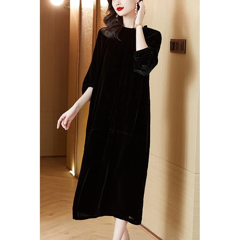 2023 New Silk Velvet Dress Women\'s Autumn Retro Versatile Long sleeved Bottom Dress Korean Loose Tight Vacation Vestidos