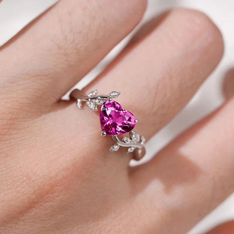 Love Heart Red Ruby Gemstones Diamonds Rings For Women Artistic Ceaves Design Irregular Finge Bands White Gold Silver Jewelry 2