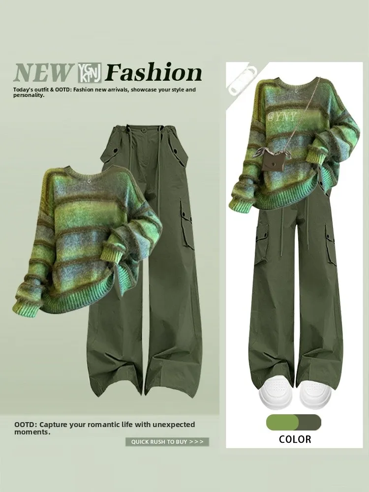 

Осенняя мода, цветной дизайн, круглый трикотаж Ne, женская широкая утягивающая рабочая одежда, комплект брюк, повседневный американский комплект