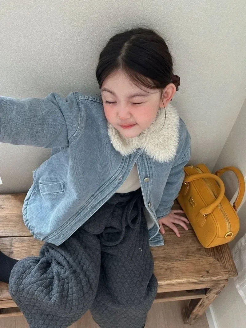 2 4 6 8 10 12Y فتاة في سن المراهقة أفخم الفراء طوق سترة الدافئة الدنيم عادية الخريف الشتاء معطف الأطفال 2026 نمط جديد #6