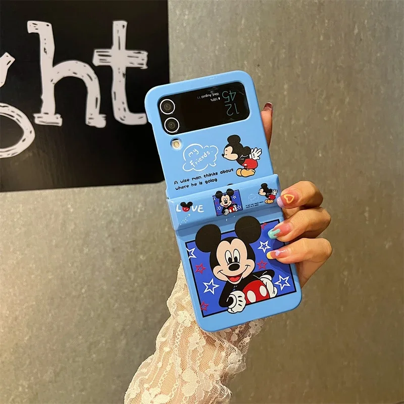 Cute Cartoon Disney Mickey Minnie Mouse Phone Case For Samsung Galaxy Z Flip 6 5 Hard Back Cover For Z Flip 3 4 With Lanyard