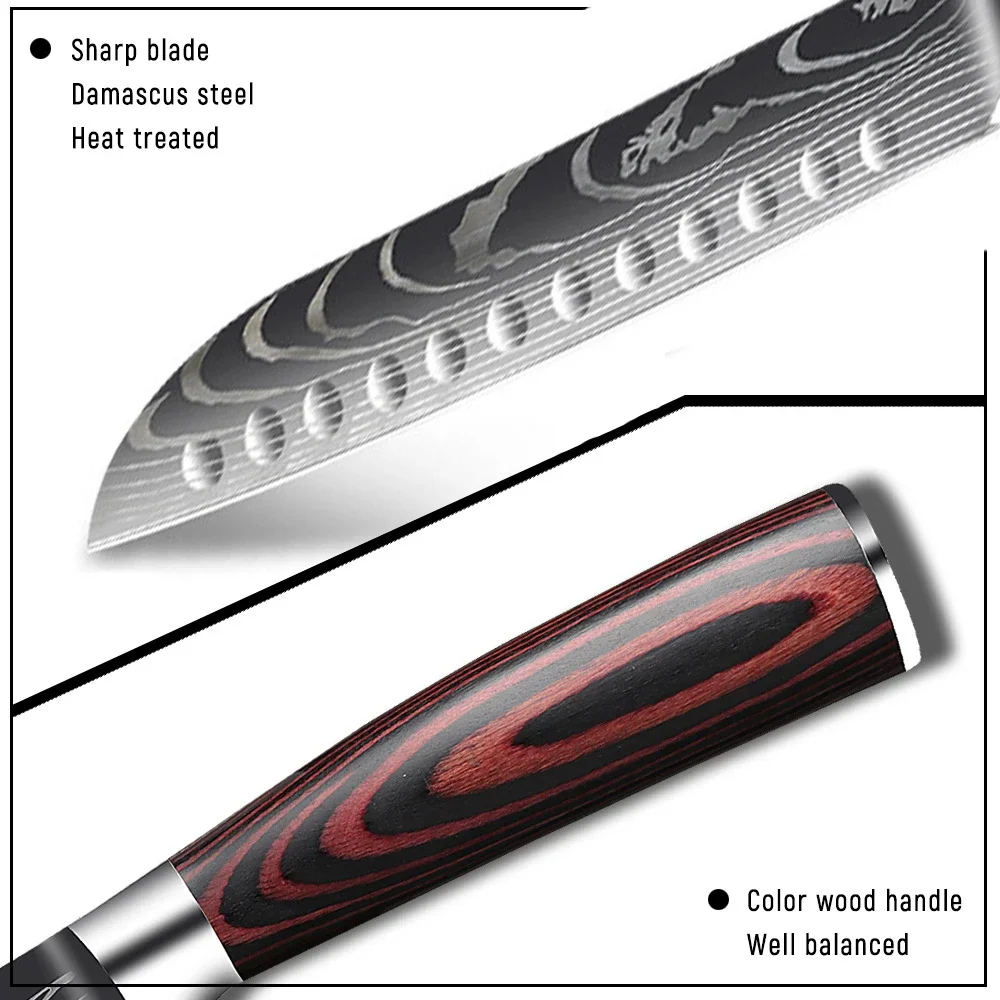 Damascus Kitchen Knives Japanese Santoku Knife Professional Chef\'s Knife Meat Cleaver 7CR17 Stinless Steel Boning Cooking Knife