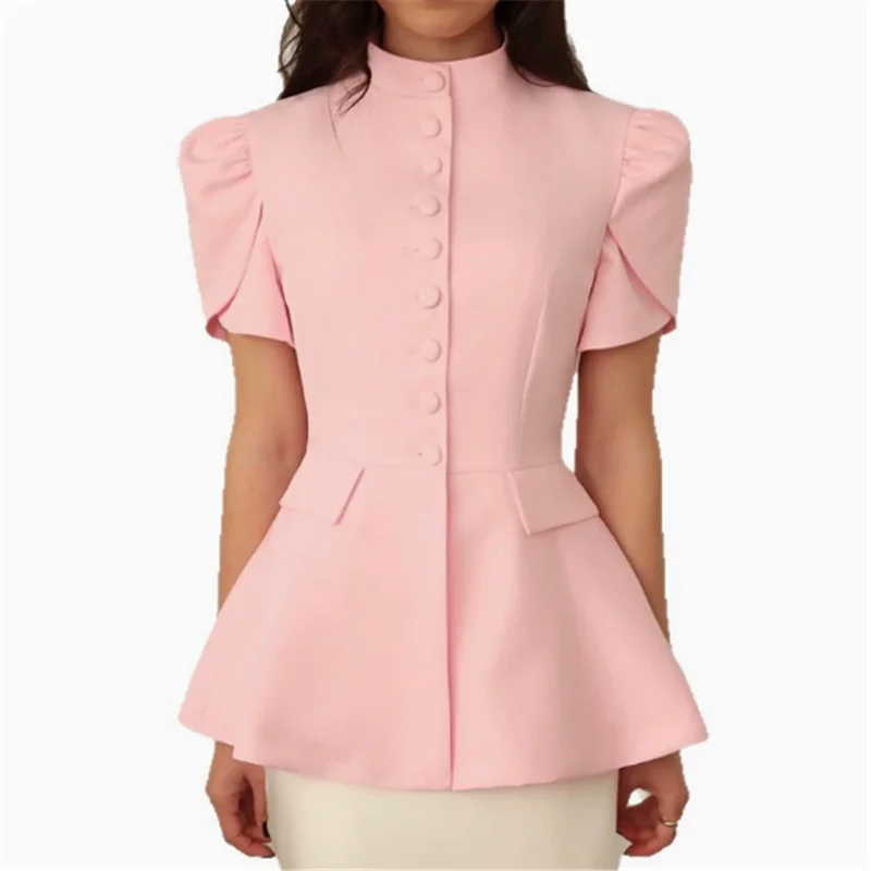 

Court Style Retro Stand Collar Slim Short Blazer Solid Color Chic Single Breast Suit Top Short Sleeve Female Chic Workwear Coat