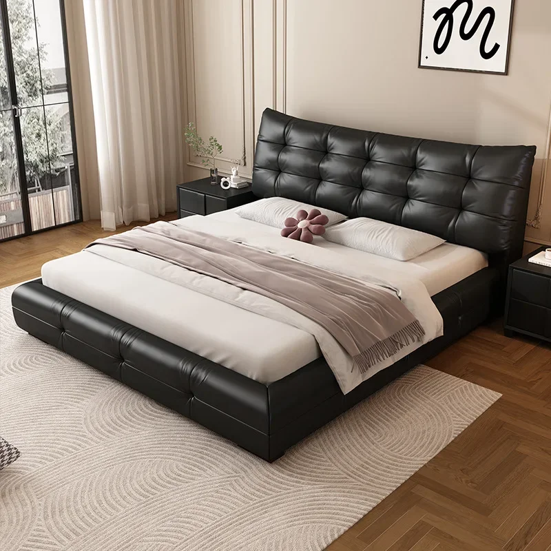 Italian minimalist large black bear leather bed modern double