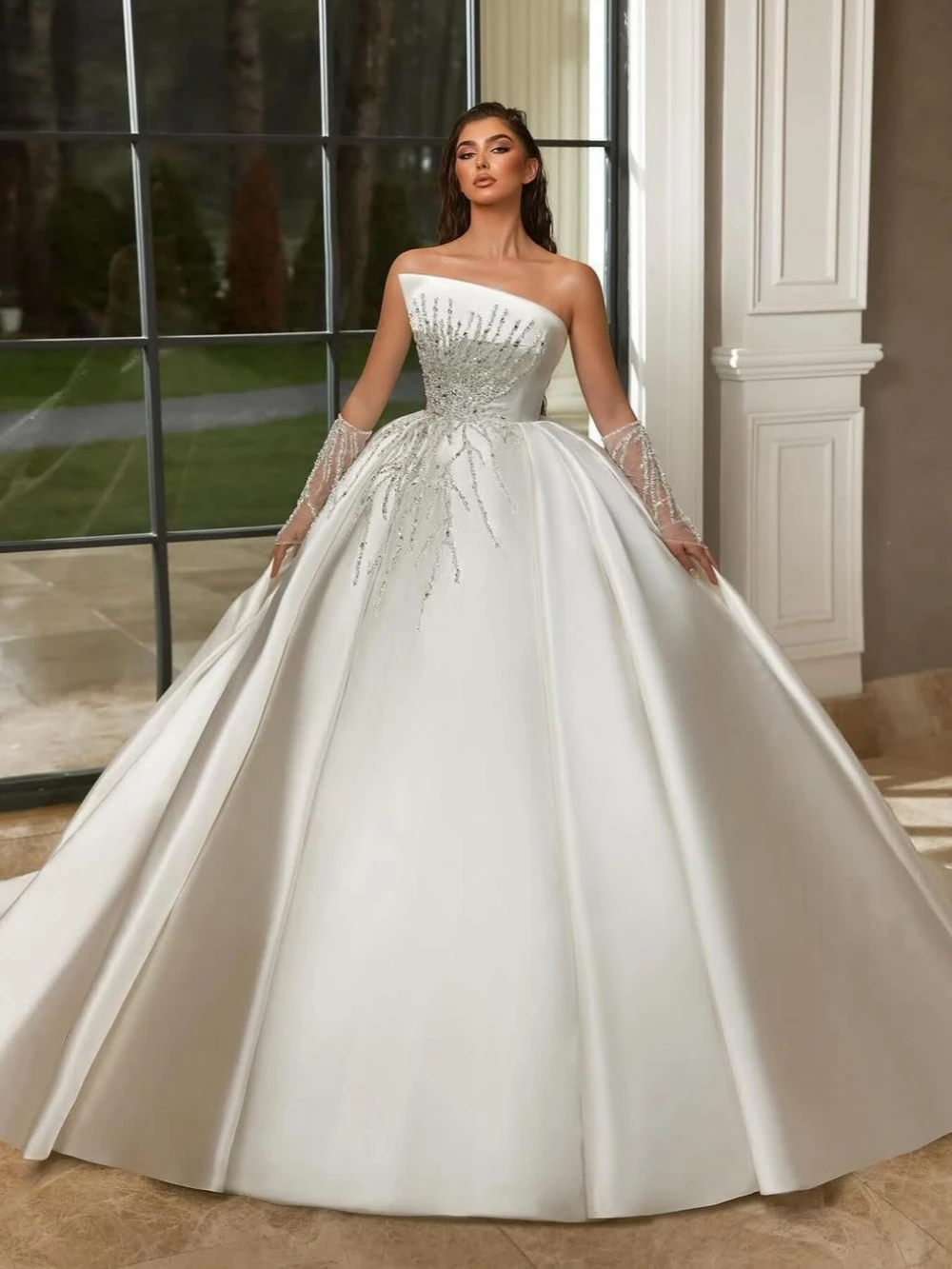 Robe de Mariée Longue en Satin Sans Bretelles, Élégante, Perlée, Sexy, à Paillettes, pour Patients