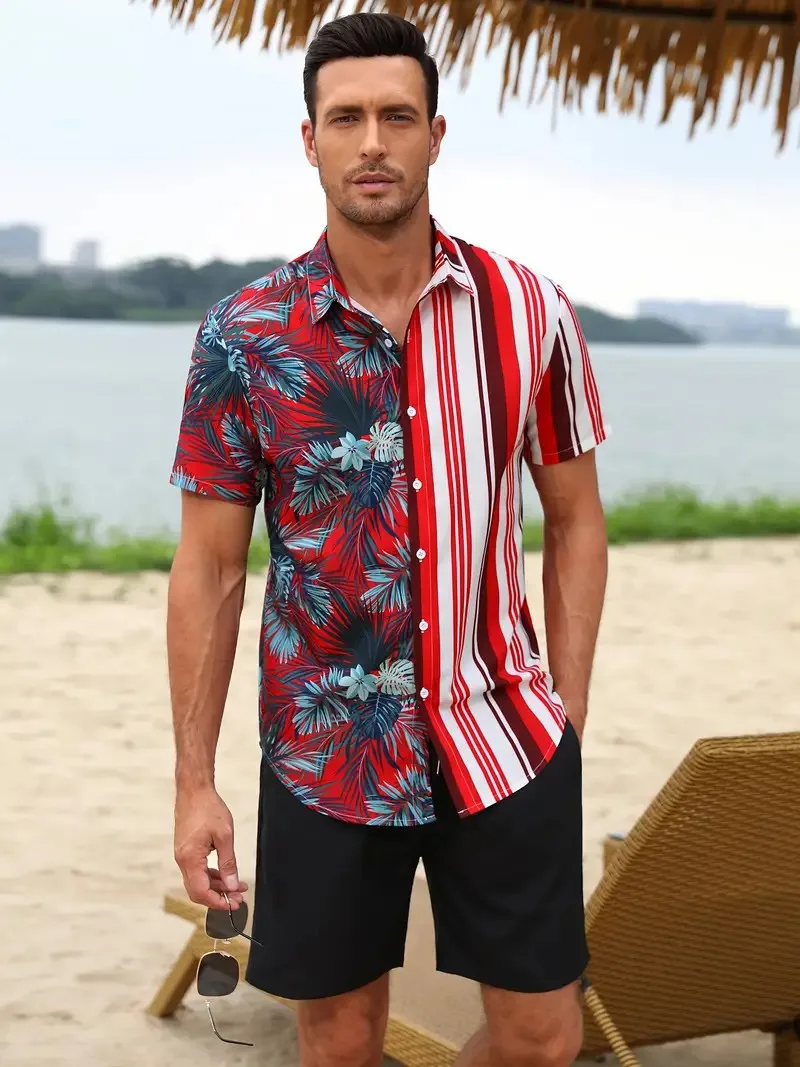 Hawaiian Style Men's Short-Sleeved Shirt and Shorts Set Seaside Casual Short-Sleeved Shirt Summer Outdoor Street Short Men's Set