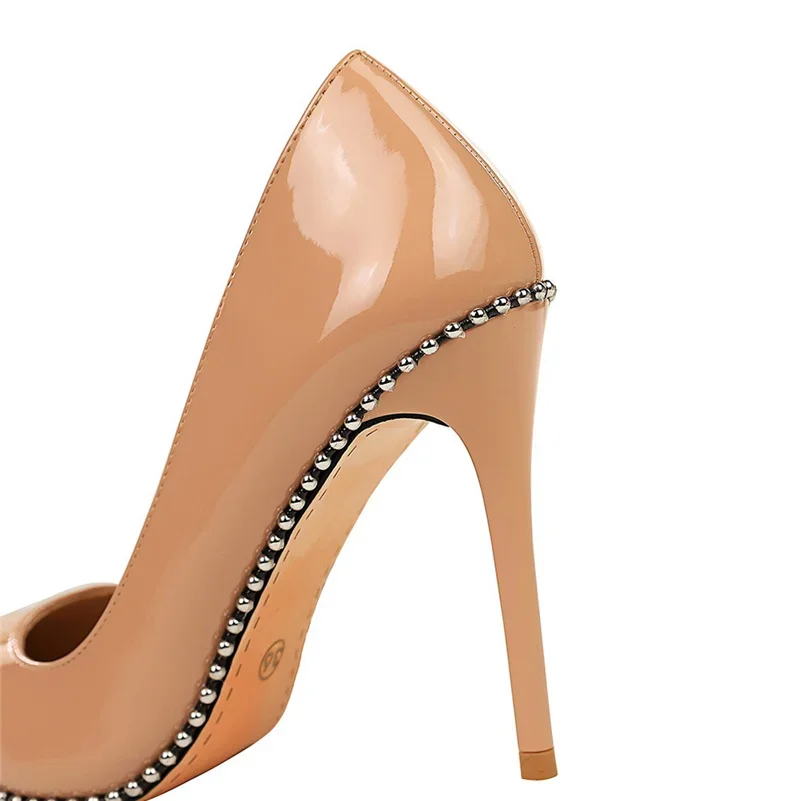 Women 8cm 10.5cm High Heels Elegant Luxury Escarpins Pumps Lady Rivets Nude Mid Low Heels Fetish Nightclub Party Office Shoes