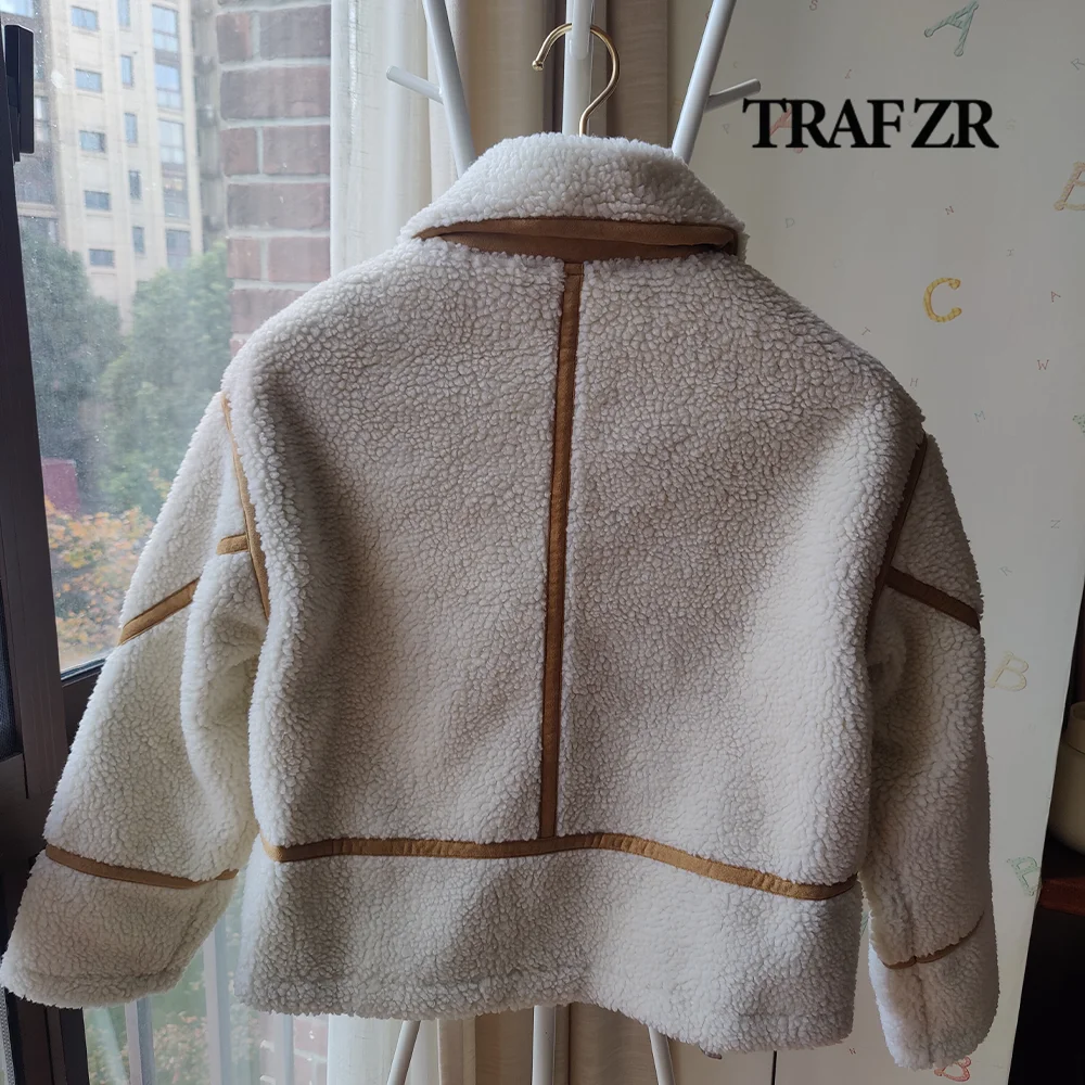 TRAF ZR Faux Shearling Jacket for women 2024 with Featuring trims Collared jacket with zipper and long sleeves Women\'s Cozy Coat