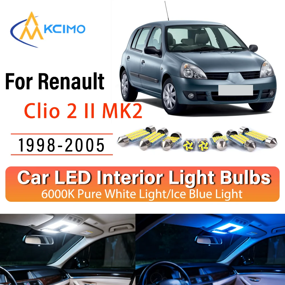 Kit de remplacement de lampes intérieures LED à éclat persistant pour Renault Clio 2 II MK2 1998-2005 – Amélioration des lampes de dôme, de lecture et de coffre