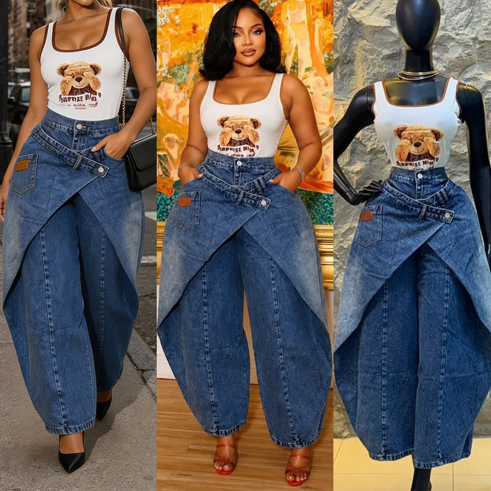 High Street Double Pocket Tooling Cargo Wide Leg Jeans Women's High Waist Drape Loose Trousers