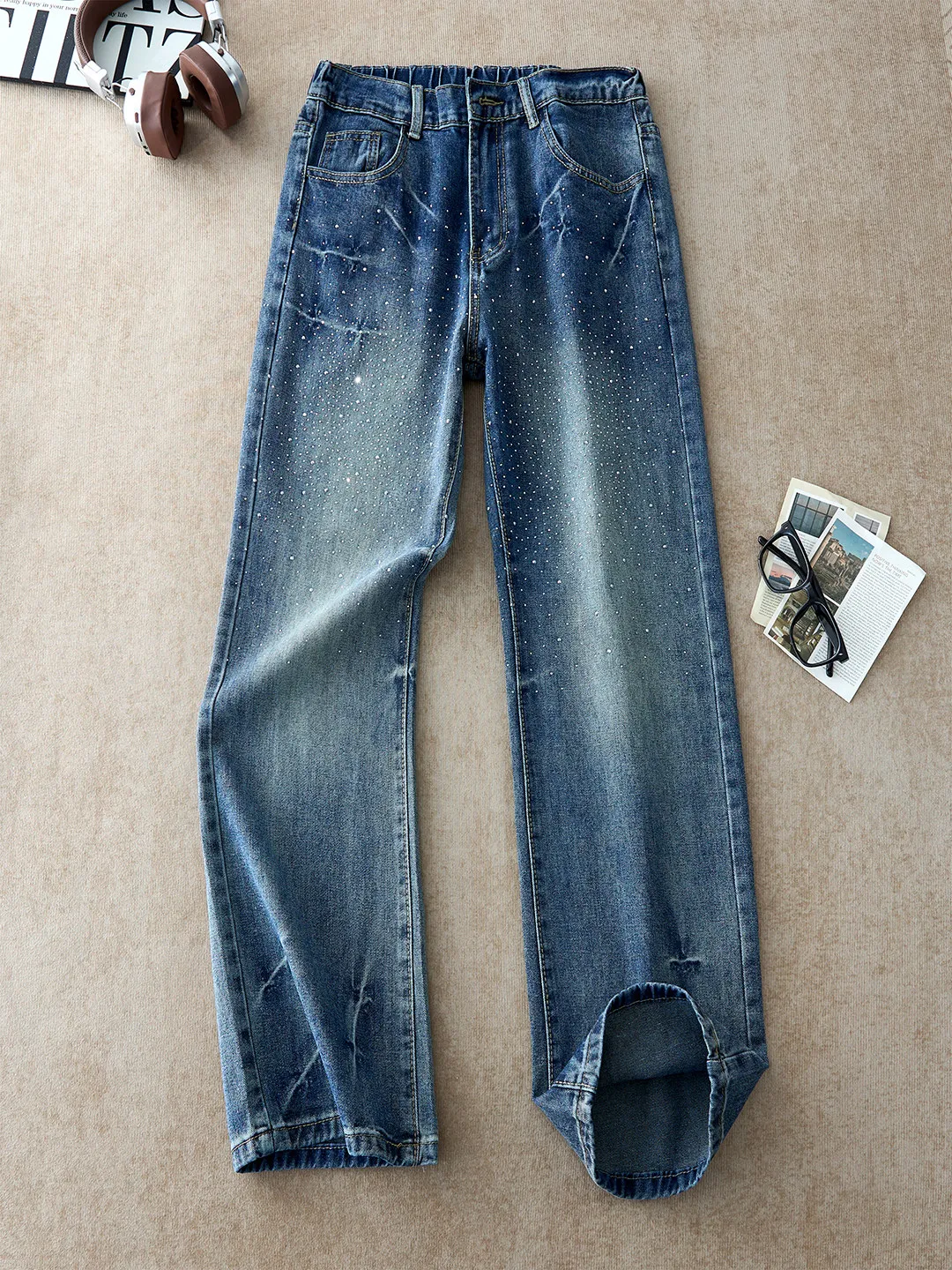 

American Retro High Street Rhinestone Men's Jeans Straight Leg Micro Flared Long Pants Draping High-End Sensation Trendy Pants