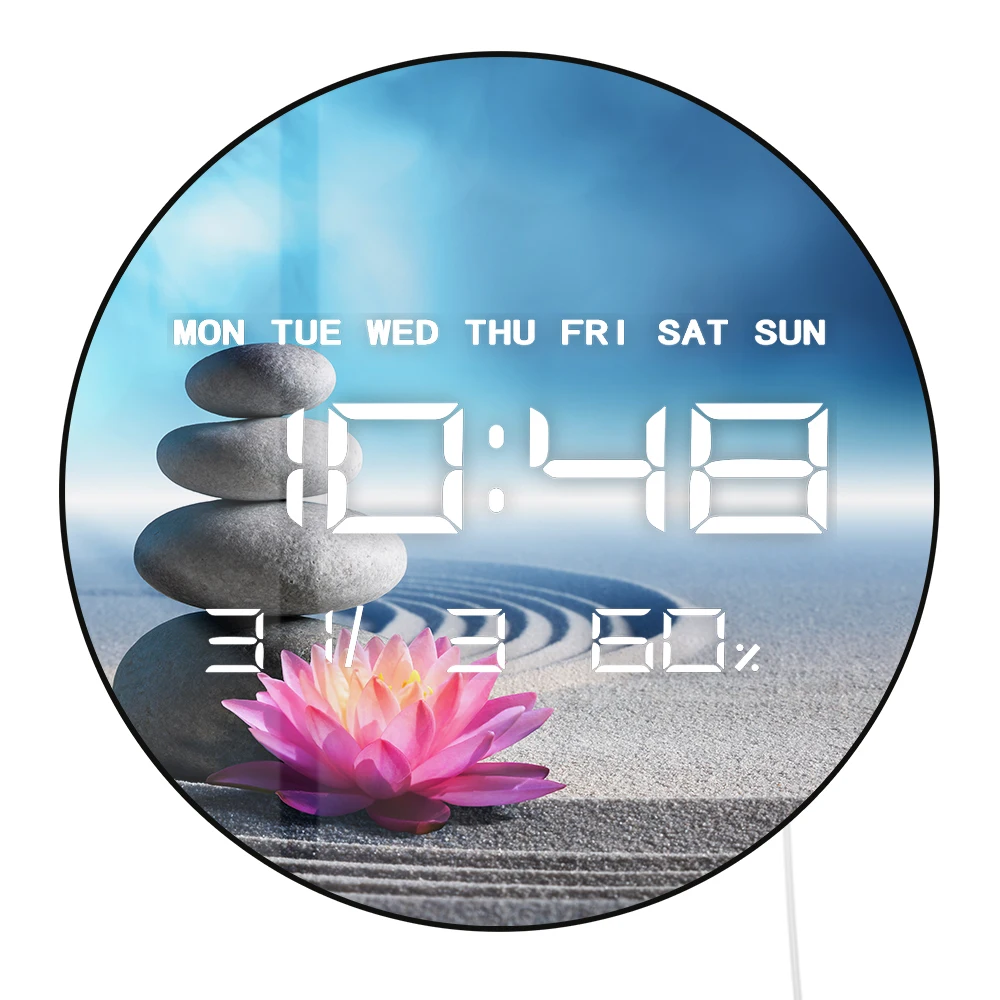 Sand Lily Spa Stones in Zen Garden LED Digital Wall Clock with Calendar Temperature Auto Dimming 12/24hr Format Electronic Clock
