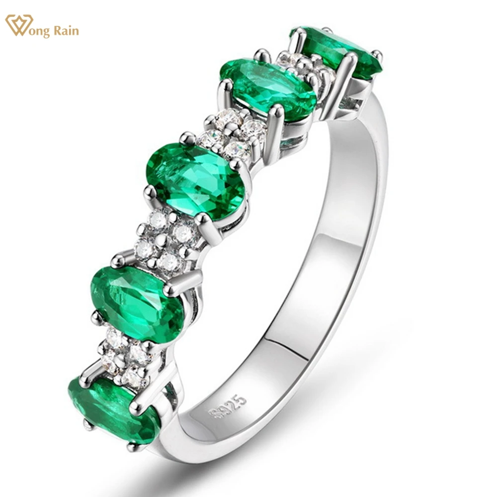 

Wong Rain Vintage 925 Sterling Silver Oval Cut 3*5 MM Emerald High Carbon Diamond Gemstone Row Rings Fine Jewelry Wedding Band