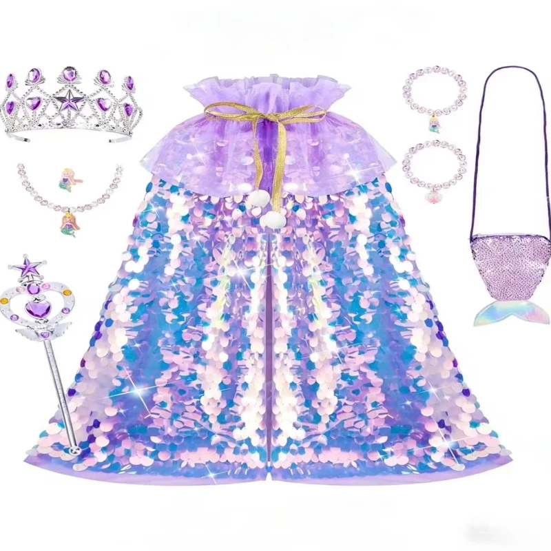 Glossy Pastel Rainbow Scale Cloak Cosplay Suit Kids Gold Ribbon Cape Rhinestone Heart Scepter Mermaid Pendant Bracelets Attire