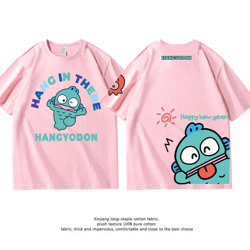

Детская футболка Sanrio Hanton Ugly Fish из чистого хлопка, розовая, с двусторонним принтом, модная футболка с круглым вырезом для родителей и детей