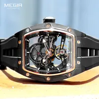 Reloj de pulsera automático MEGIR para hombre, correa de silicona negra a la moda, reloj mecánico deportivo luminoso resistente al agua con esfera Tonneau 2242