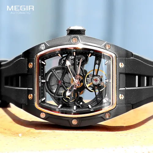 Reloj de pulsera automático MEGIR para hombre, correa de silicona negra a la moda, reloj mecánico deportivo luminoso resistente al agua con esfera Tonneau 2242
