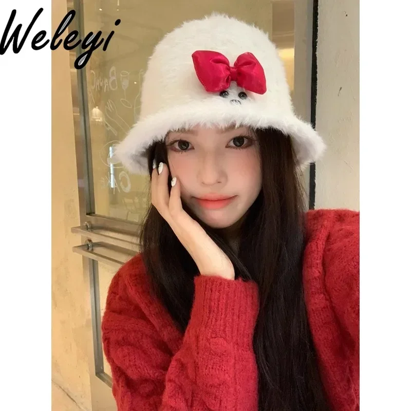 Premium Puppy Bow Rabbit Fur Bucket Hat Female 2024 Autumn and Winter New Sweet Warm White Big Head Circumference Basin Caps