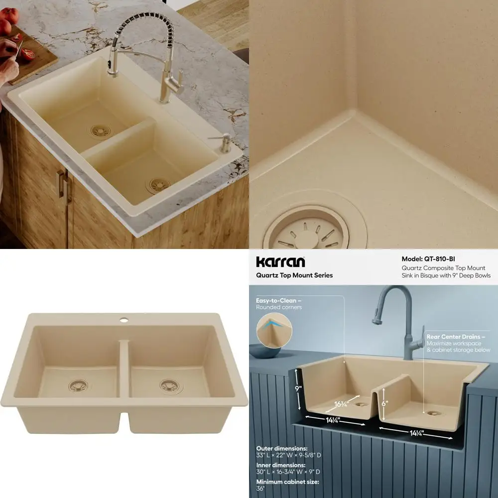 

Кухонная мойка из кварцевого композита Bisque, 33 дюйма, с двумя чашами, для врезного монтажа, с низким разделителем 50/50, 80% натуральный кварц, 535 ° Термостойкий