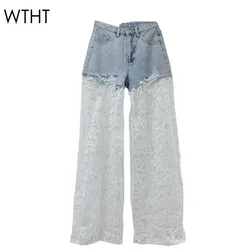 WTHT New Fashion Women's Diamonds Patchwork Lace Casual Jeans 2024 Winter Trendy High Waist Straight Denim Pants Female 1LS479
