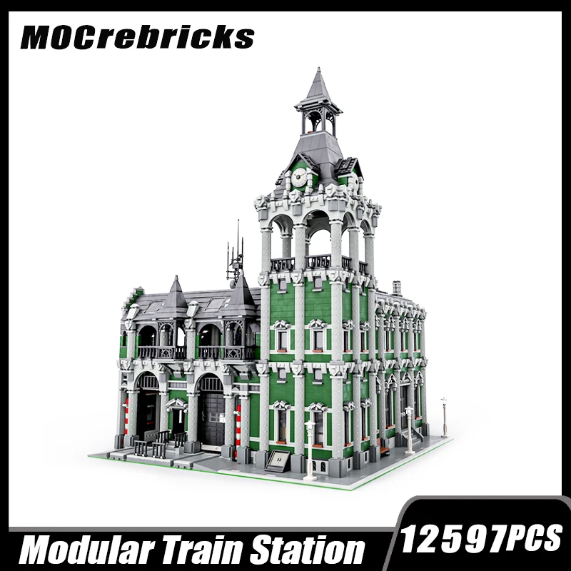 Popular Bricks Street View Architecture Series Train Station Modular Platform Track Building Block Assembly Model Toy Kid's Gift