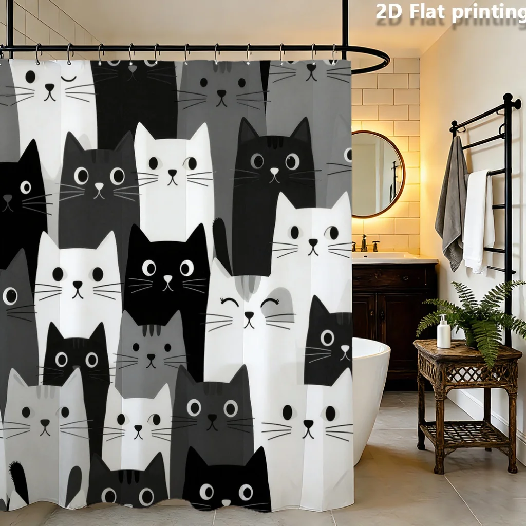 2D Flat, 2D Flat, 1pc 2D Flat Printing Shower Curtain | Polyester, With Various Black, White, And Gray Cat Faces, Suitable For M