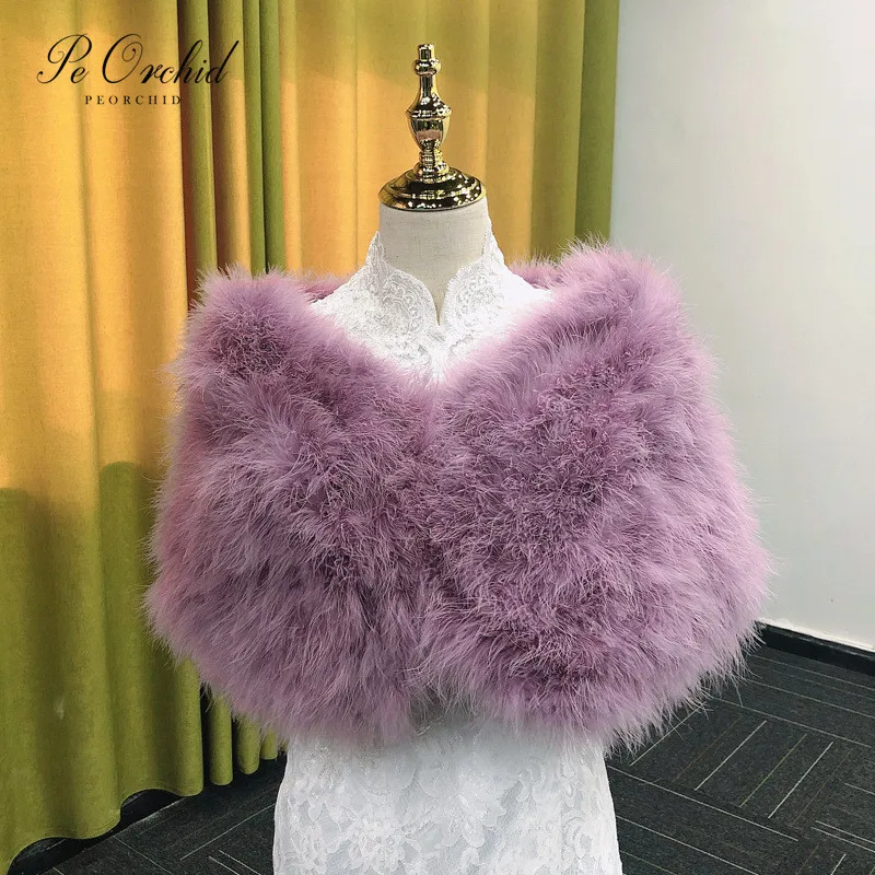 PEORCHID Ostrich Feather Bridal Shawl Bolero Woman Wrap Elegant Shrug Purple Chaqueta Fiesta Wedding Jacket Faux Fur Cape