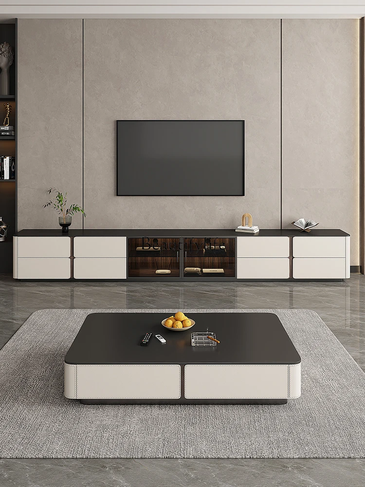 Italian Minimalist Black Super Long Stone Plate Floor High TV Cabinet Modern Minimalist