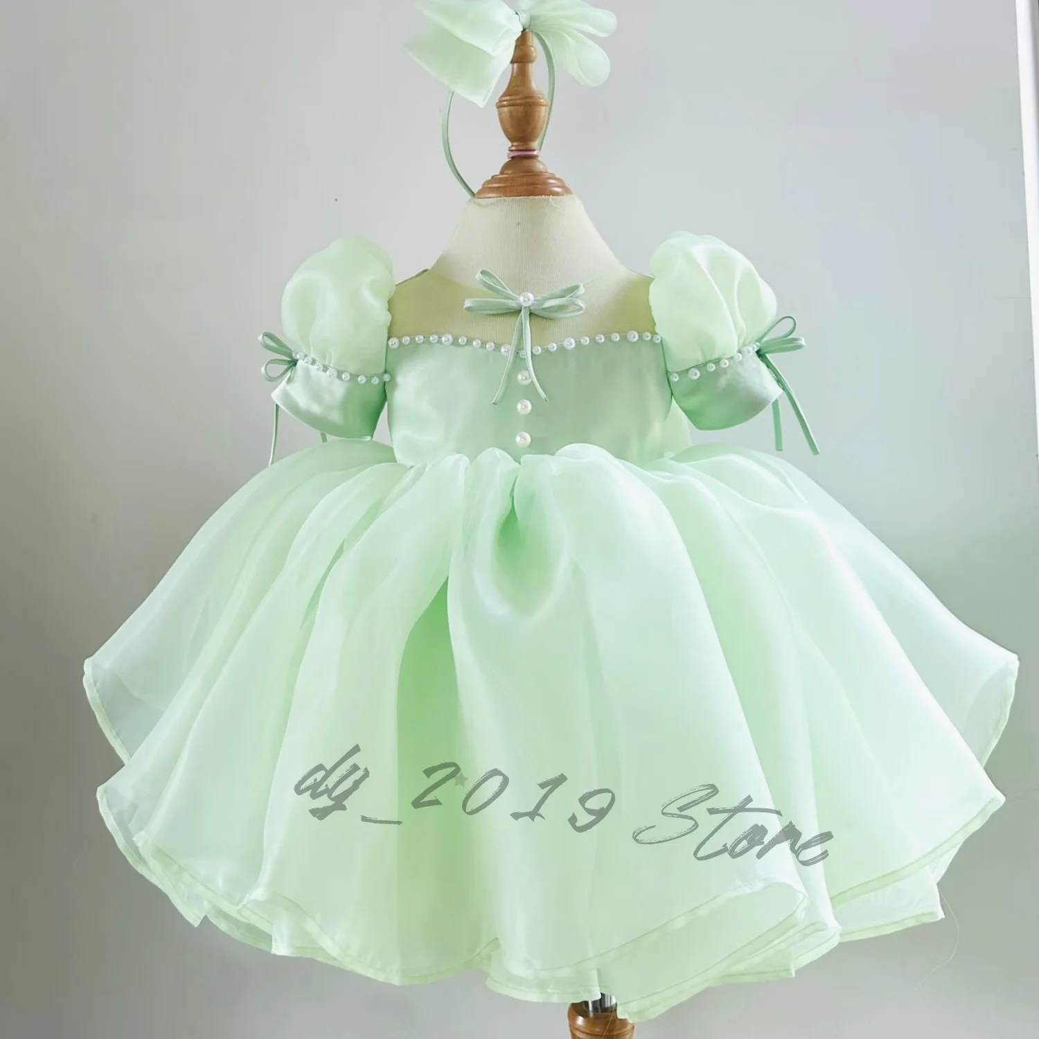 Vestido de niña de las flores personalizado, vestido corto de organza con mangas abullonadas para bebé, lazo de perlas, atuendo de princesa, traje para fiesta de cumpleaños, bautizo y ocasiones especiales para niños pequeños.