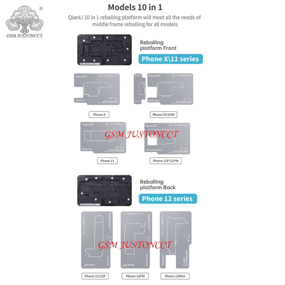 QIANLI 10 IN 1 Magnetic 3D BGA Tin Planting Platform For iPhone X-12 Pro MAX Motherboard Middle Frame Reballing Stencil Template