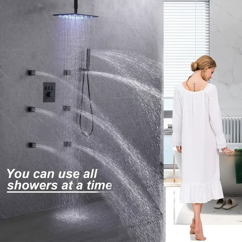 16*32 Inch Brass Contemporary Ceiling Shower Head Full Body Shower System Slide Bar Brushed Ceramic Valve Core Soft Rain Jet