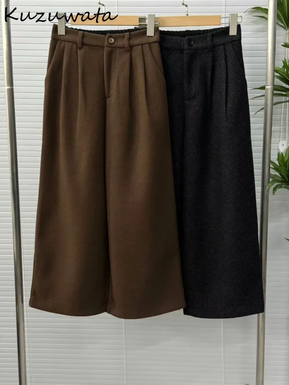 Kuzuwata Casual Moda Elegant Office Lady Trousers Woolen Straight Loose Harajuku Wid Leg Pants Japan Minority Solid Sweatpants