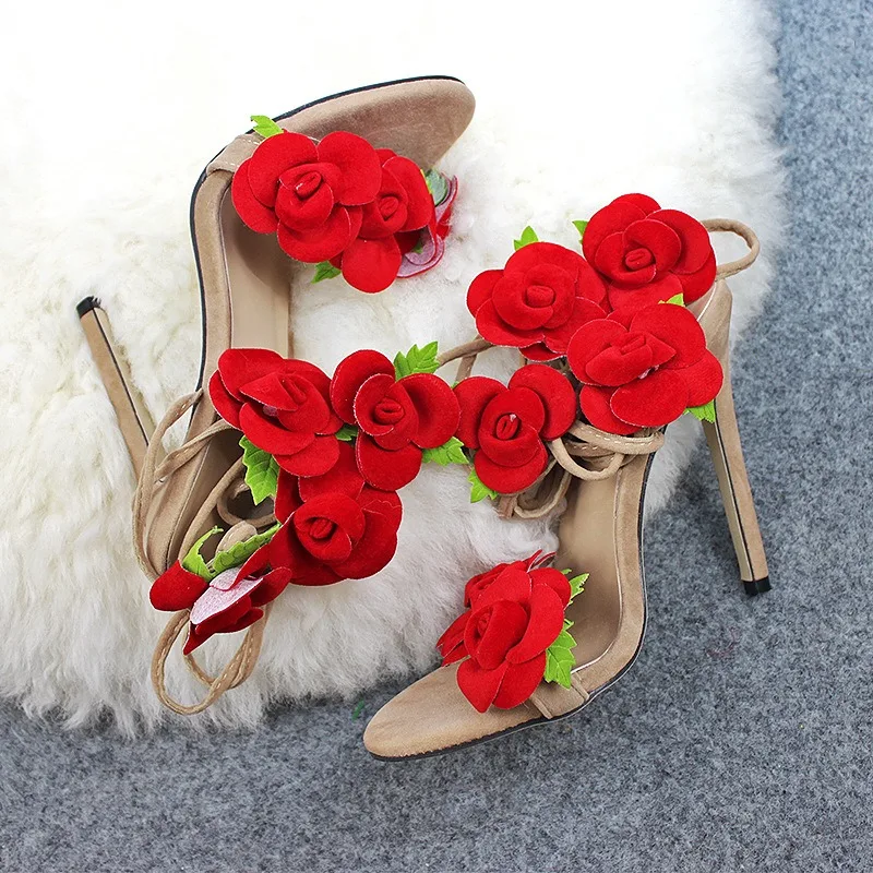 HOT Summer Women 11CM High Heels Sandals lady Pumps Round Toe Flock Thin High Heels Lace Up Front & Rear Strap Flowers Shallow