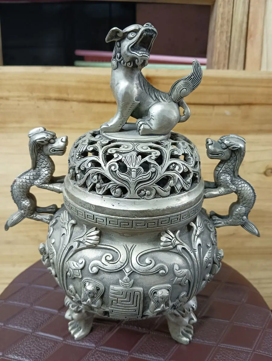 

Vintage Tibetan Silver Censer Incense Burner Lion Dog Cover Lucky Beast On Both Leg Signed Bottom