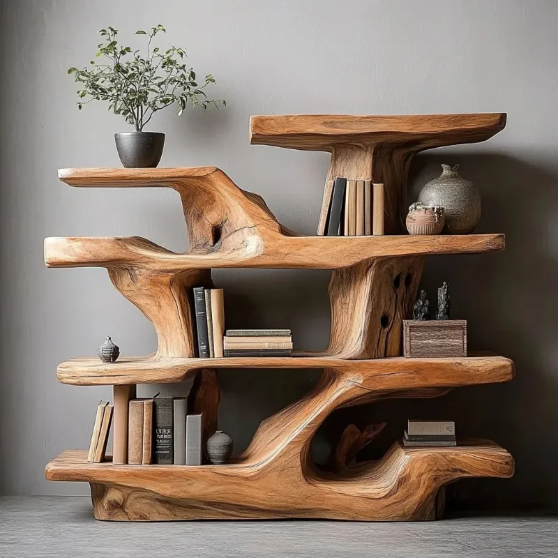 Wabi Sand Wind Natural Edge Solid Wood Bogu Shelf  Living Room Tea Room Study Simple Storage Shelf Display Shelf