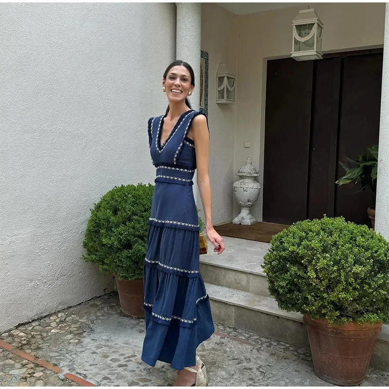 

Women's Vintage Summer Dress Fringe Patchwork Trend V-Neck Sleeveless High-Waisted Cheongsam Dress A-Line Ruffled Hem Party Gown